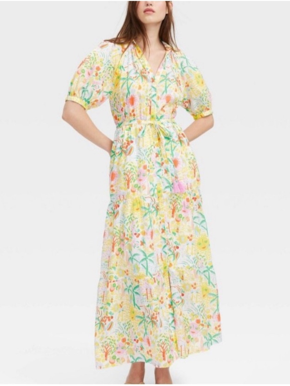 New Roller Rabbit Vacation Short Sleeve Maxi Dress Yellow Green Size XS Xsmall